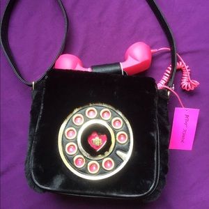 Betsey Johnson Black Faux Fur Phone Crossbody Bag
